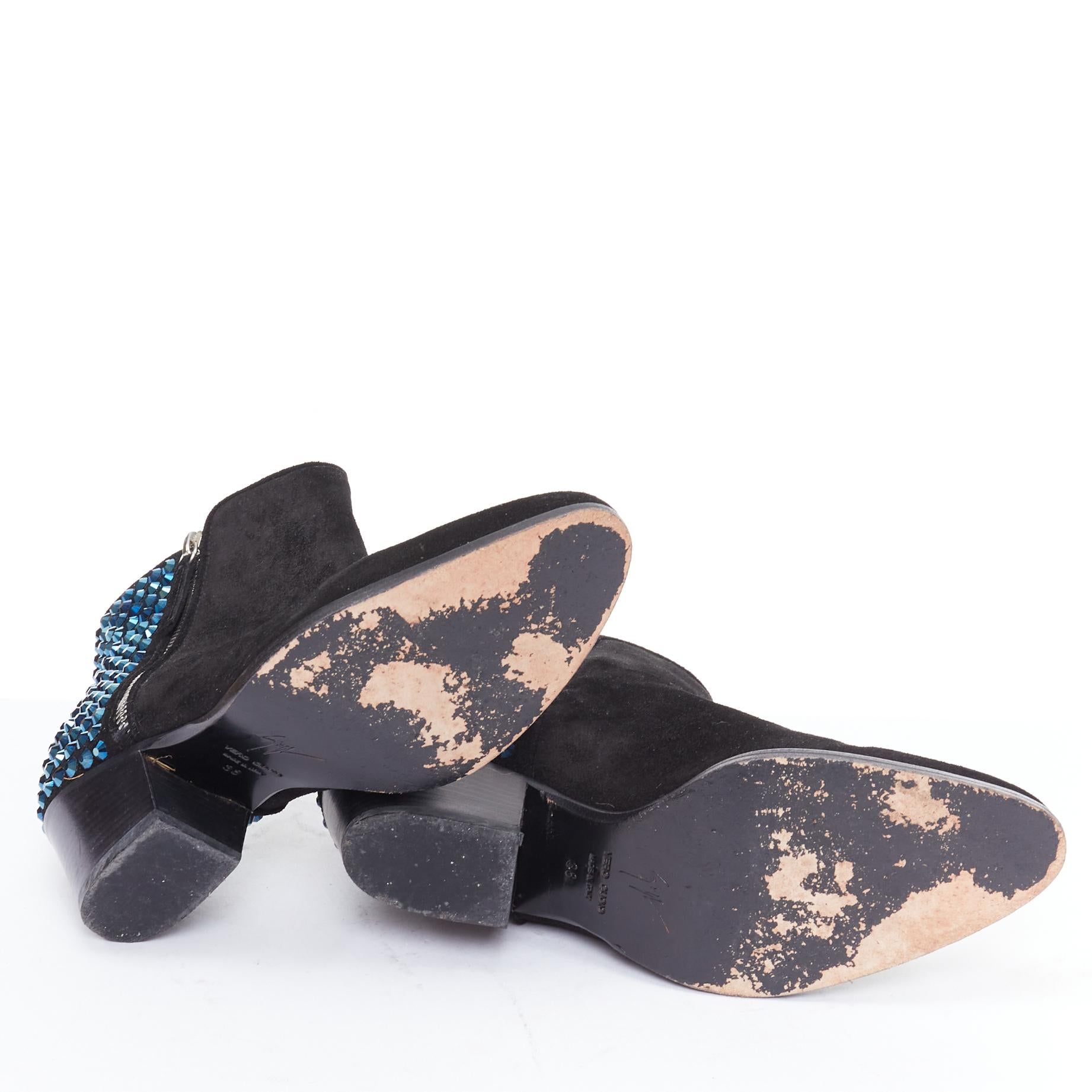 GIUSEPPE ZANOTTI bleu talon incrusté de cristaux bottines en daim noir EU38 en vente 5