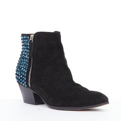 GIUSEPPE ZANOTTI blue crystal encrusted heel black suede booties EU38
