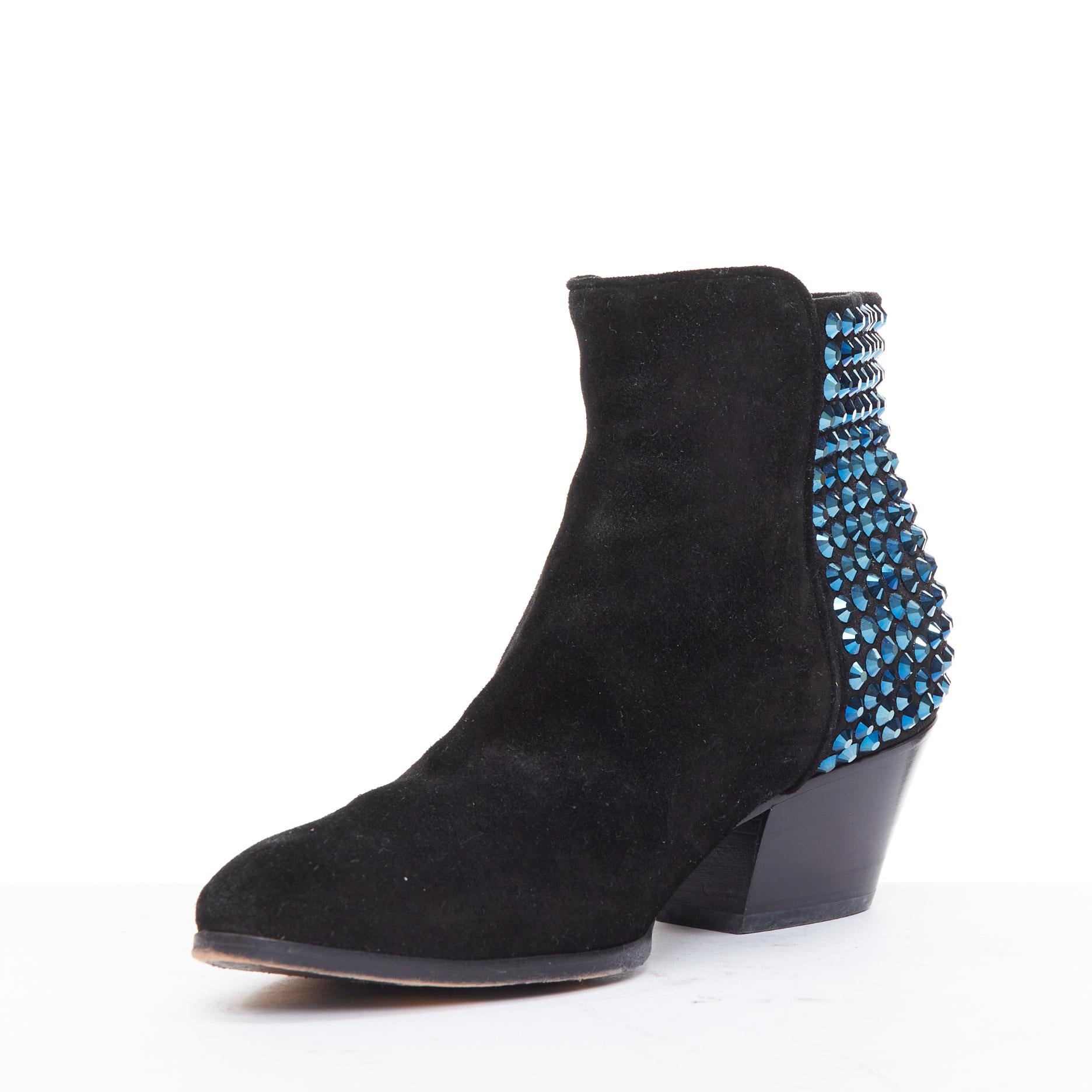 GIUSEPPE ZANOTTI bleu talon incrusté de cristaux bottines en daim noir EU38 Bon état - En vente à Hong Kong, NT