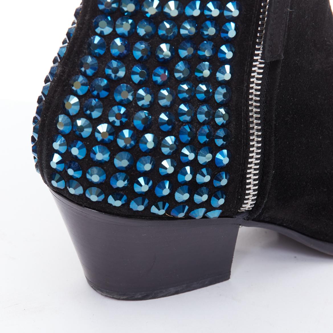 GIUSEPPE ZANOTTI bleu talon incrusté de cristaux bottines en daim noir EU38 en vente 2