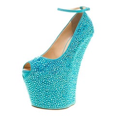 Giuseppe Zanotti Blue Crystal Suede Heelless Peep Toe Platform Pumps Size 37