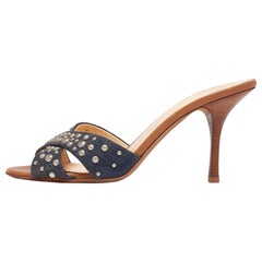 Giuseppe Zanotti Blue Denim and Tan Leather Studded Slide Sandals Size 40