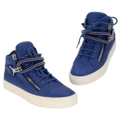 Giuseppe Zanotti Blue Dual Studded Strap Lace Up Leather Sneakers 41.5 Shoes