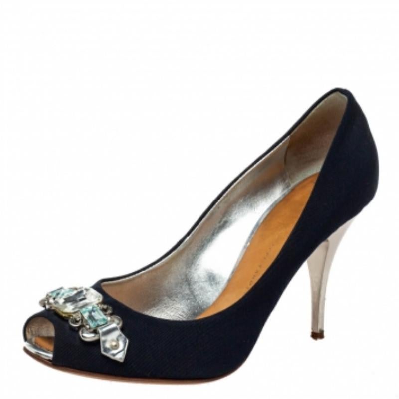 Black Giuseppe Zanotti Blue Fabric Embellished Peep Toe Pumps Size 38.5 For Sale