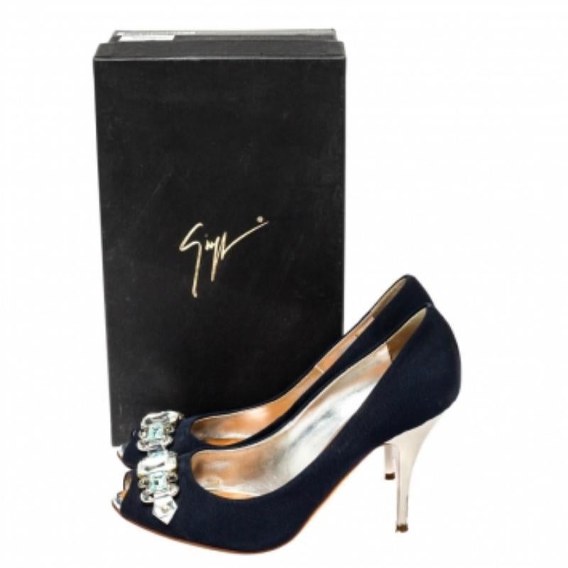 Giuseppe Zanotti Blue Fabric Embellished Peep Toe Pumps Size 38.5 For Sale 1