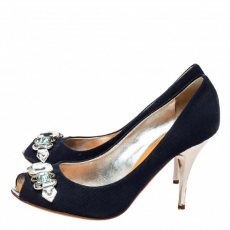 Giuseppe Zanotti Blue Fabric Embellished Peep Toe Pumps Size 38.5 For Sale 2