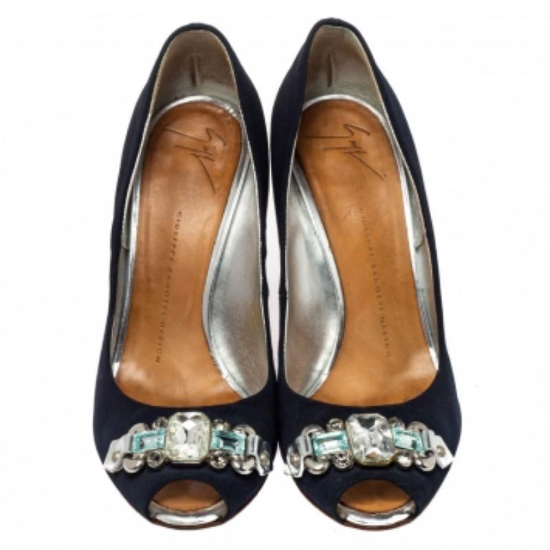 Giuseppe Zanotti Blue Fabric Embellished Peep Toe Pumps Size 38.5 For Sale 3