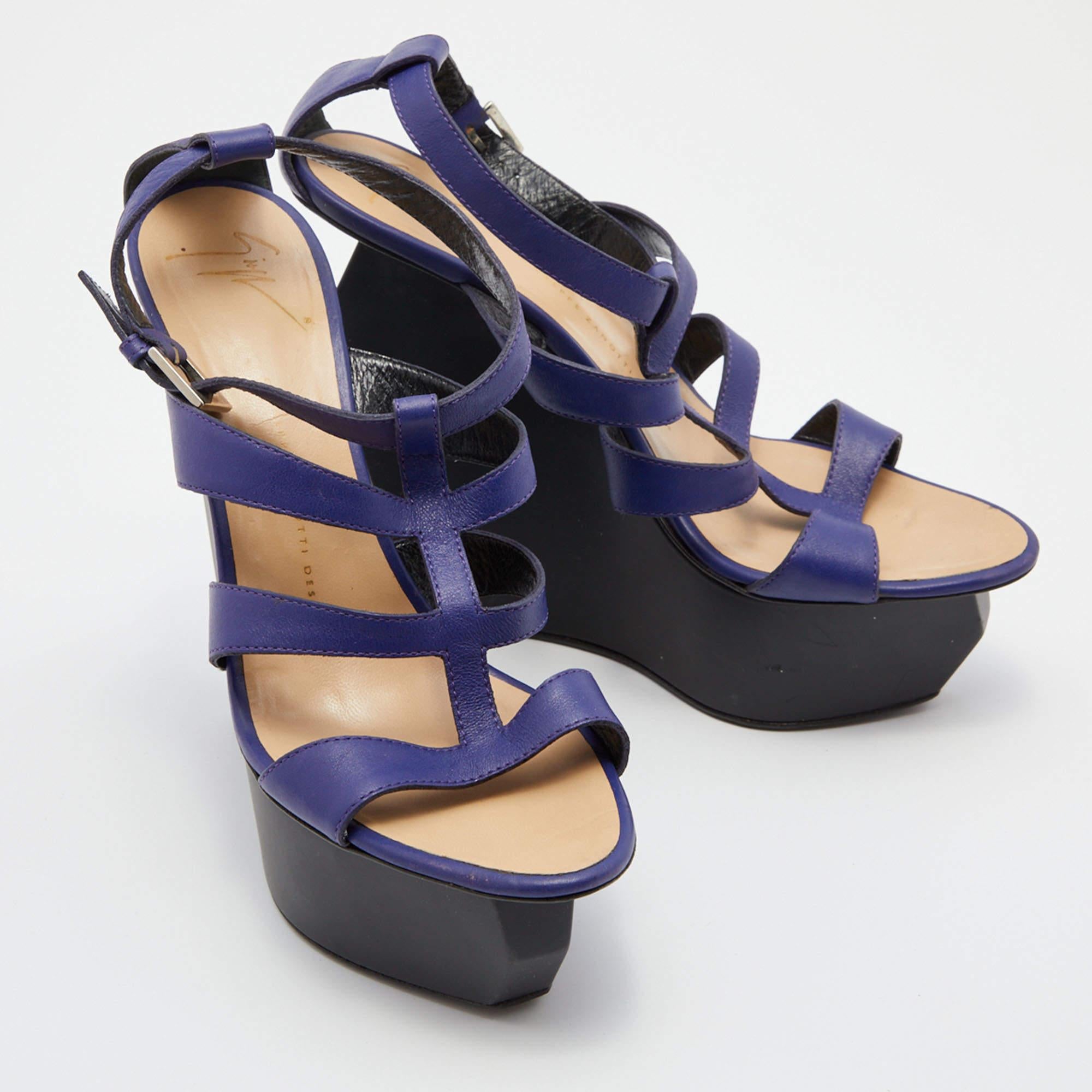 Black Giuseppe Zanotti Blue Leather Caged Strappy Platform Wedge Sandals Size 39 For Sale