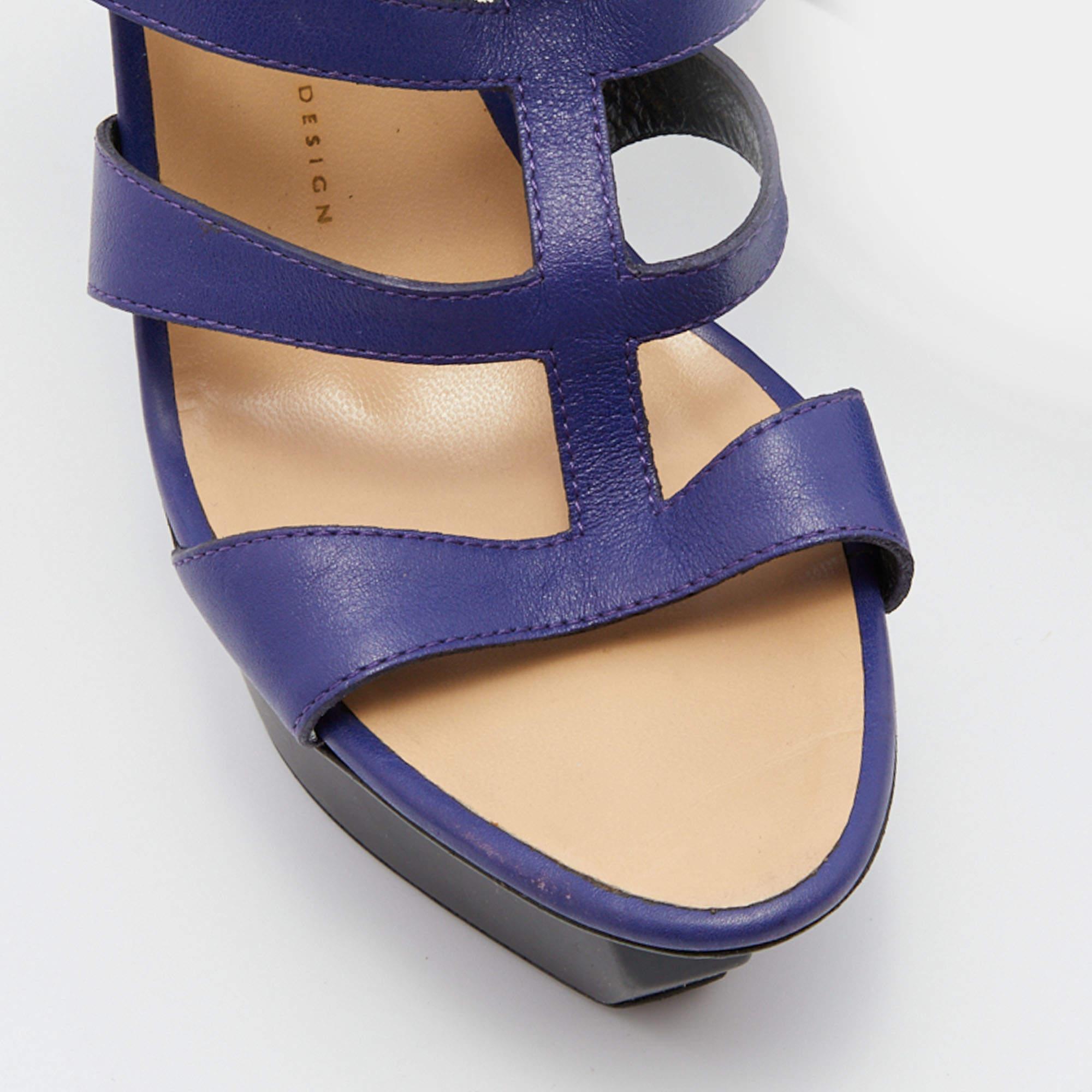 Women's Giuseppe Zanotti Blue Leather Caged Strappy Platform Wedge Sandals Size 39 For Sale