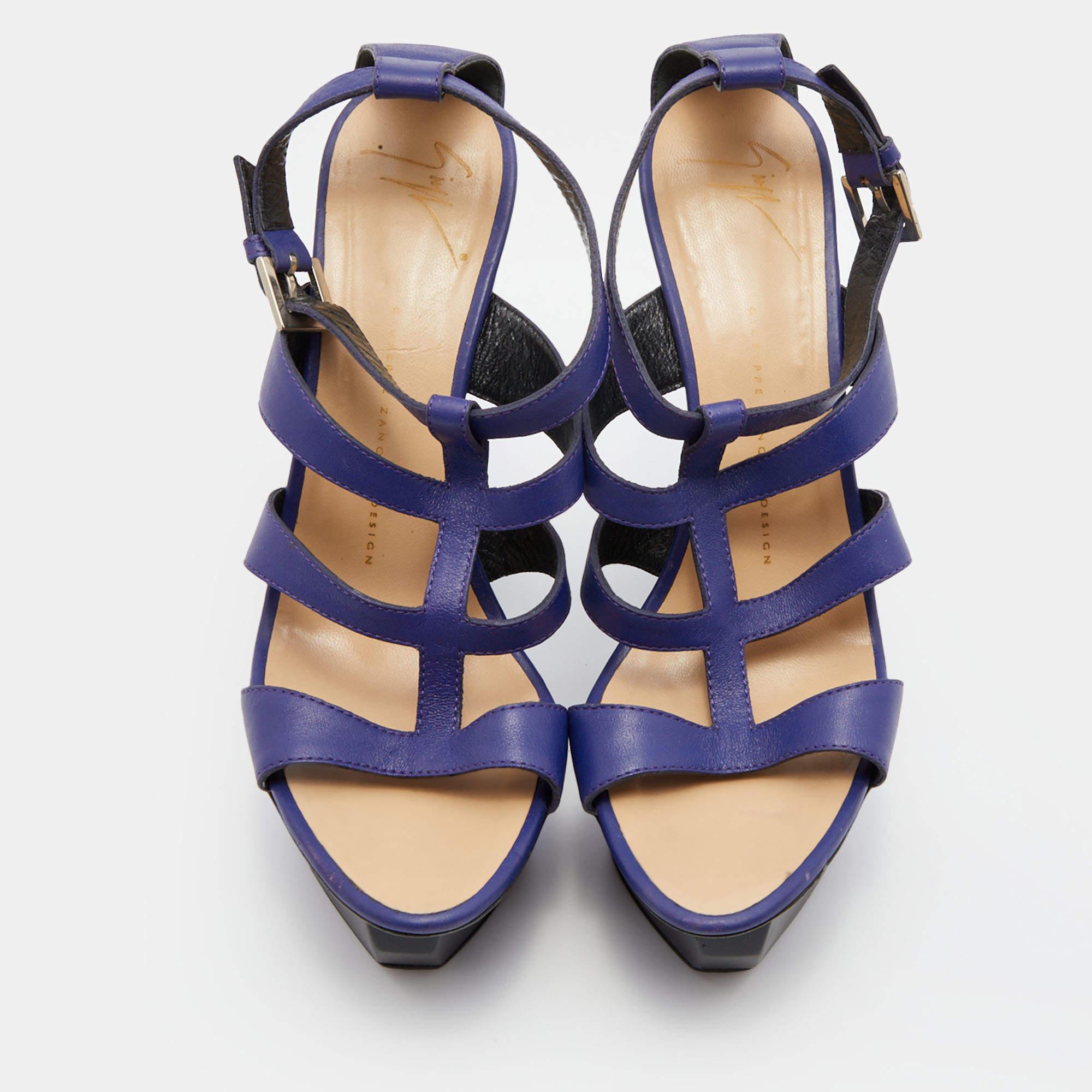 Giuseppe Zanotti Blue Leather Caged Strappy Platform Wedge Sandals Size 39 For Sale 1
