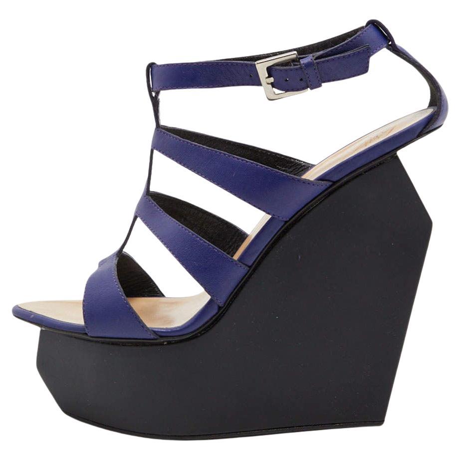 Giuseppe Zanotti Blue Leather Caged Strappy Platform Wedge Sandals Size 39 For Sale