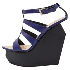 Giuseppe Zanotti Blaue Leder Riemchen-Plateau-Keilsandalen mit Käfig Größe 39