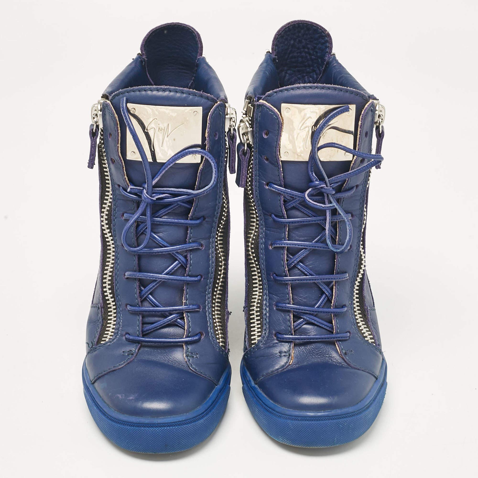 Giuseppe Zanotti Blue Leather Wedge Sneakers Size 39 In Good Condition For Sale In Dubai, Al Qouz 2