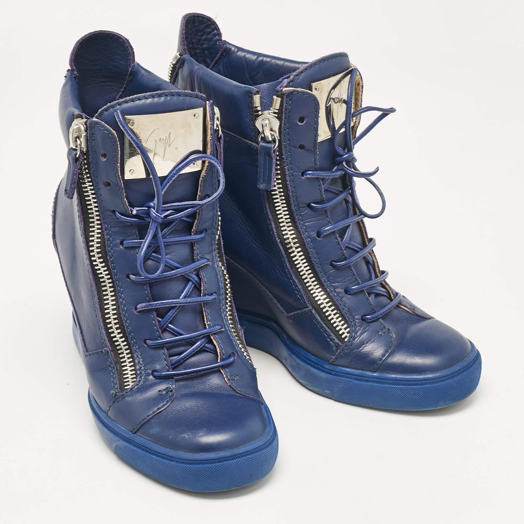 Women's Giuseppe Zanotti Blue Leather Wedge Sneakers Size 39 For Sale