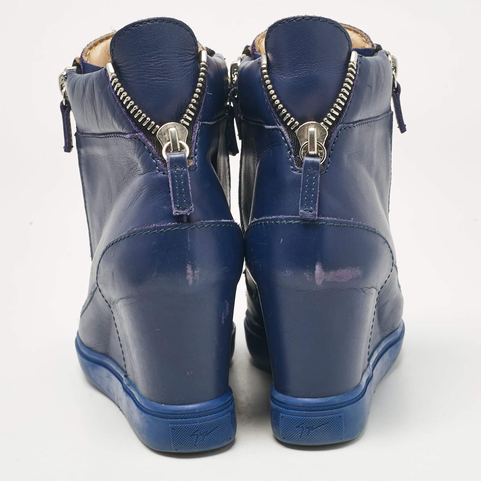 Giuseppe Zanotti Blue Leather Wedge Sneakers Size 39 For Sale 1