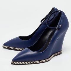 Giuseppe Zanotti Blue Leather Yvette Chain Wedge Pumps Size 37.5