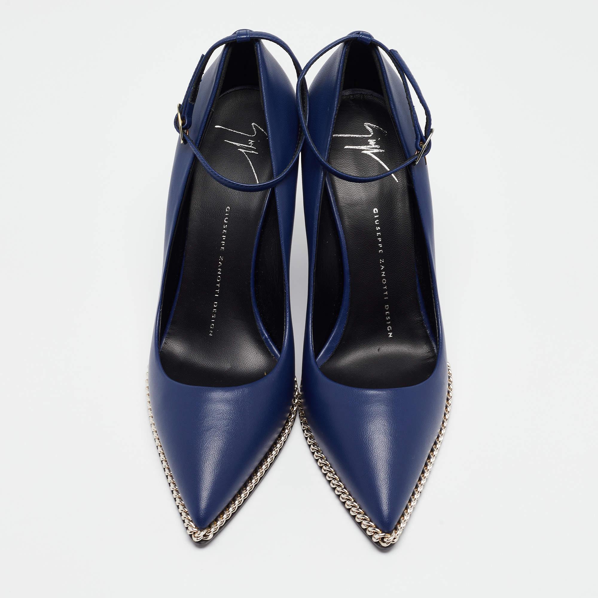 Black Giuseppe Zanotti Blue Leather Yvette Chain Wedge Pumps Size 37.5 For Sale
