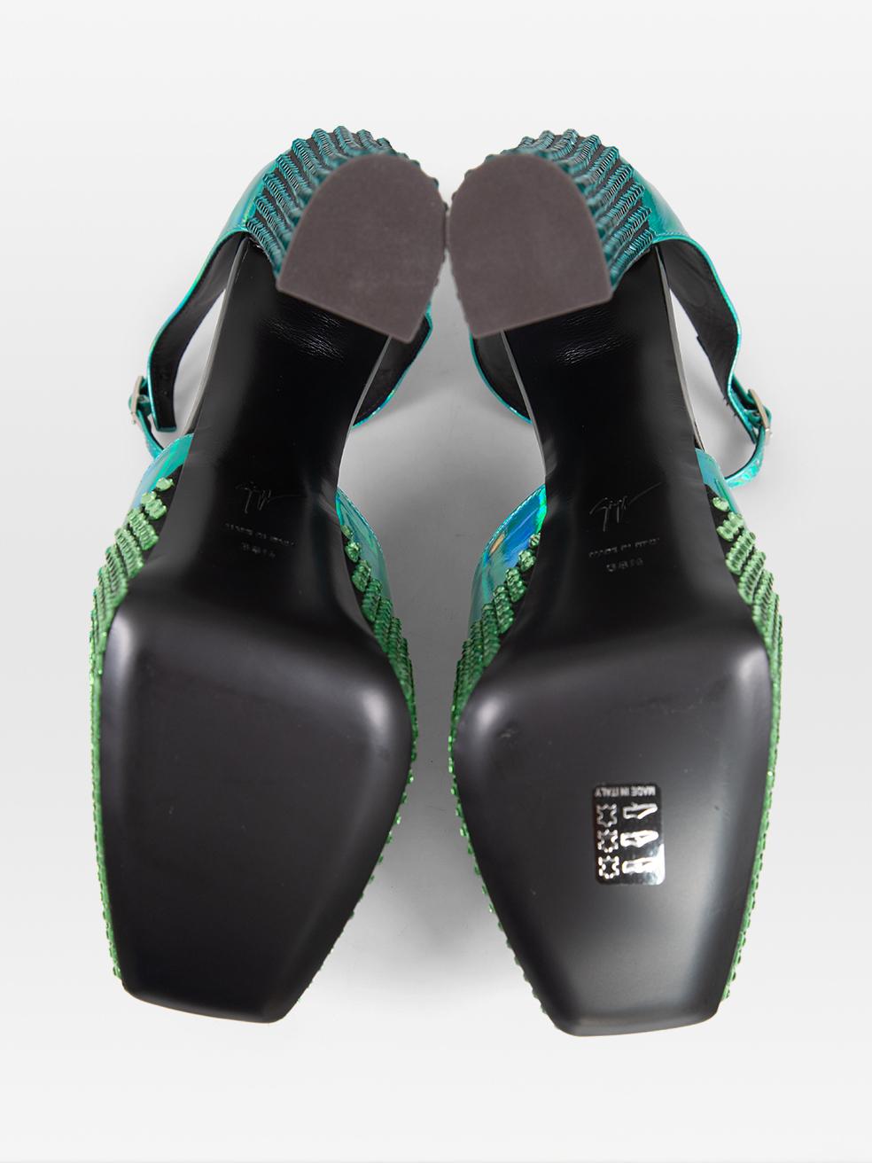 Giuseppe Zanotti Blue Metallic Bebe Strass Heels Size IT 38.5 In New Condition For Sale In London, GB
