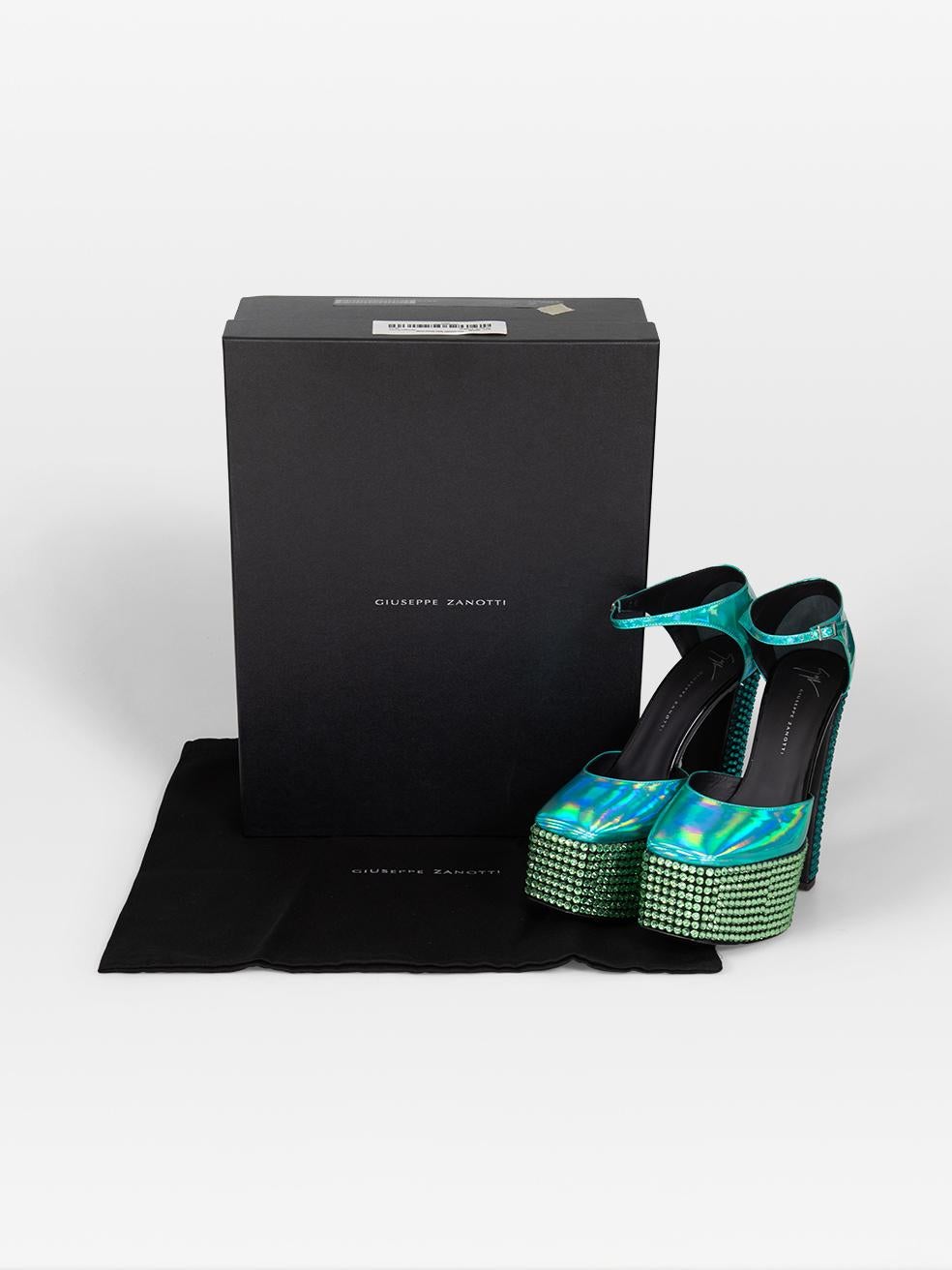Giuseppe Zanotti Blue Metallic Bebe Strass Heels Size IT 38.5 For Sale 1