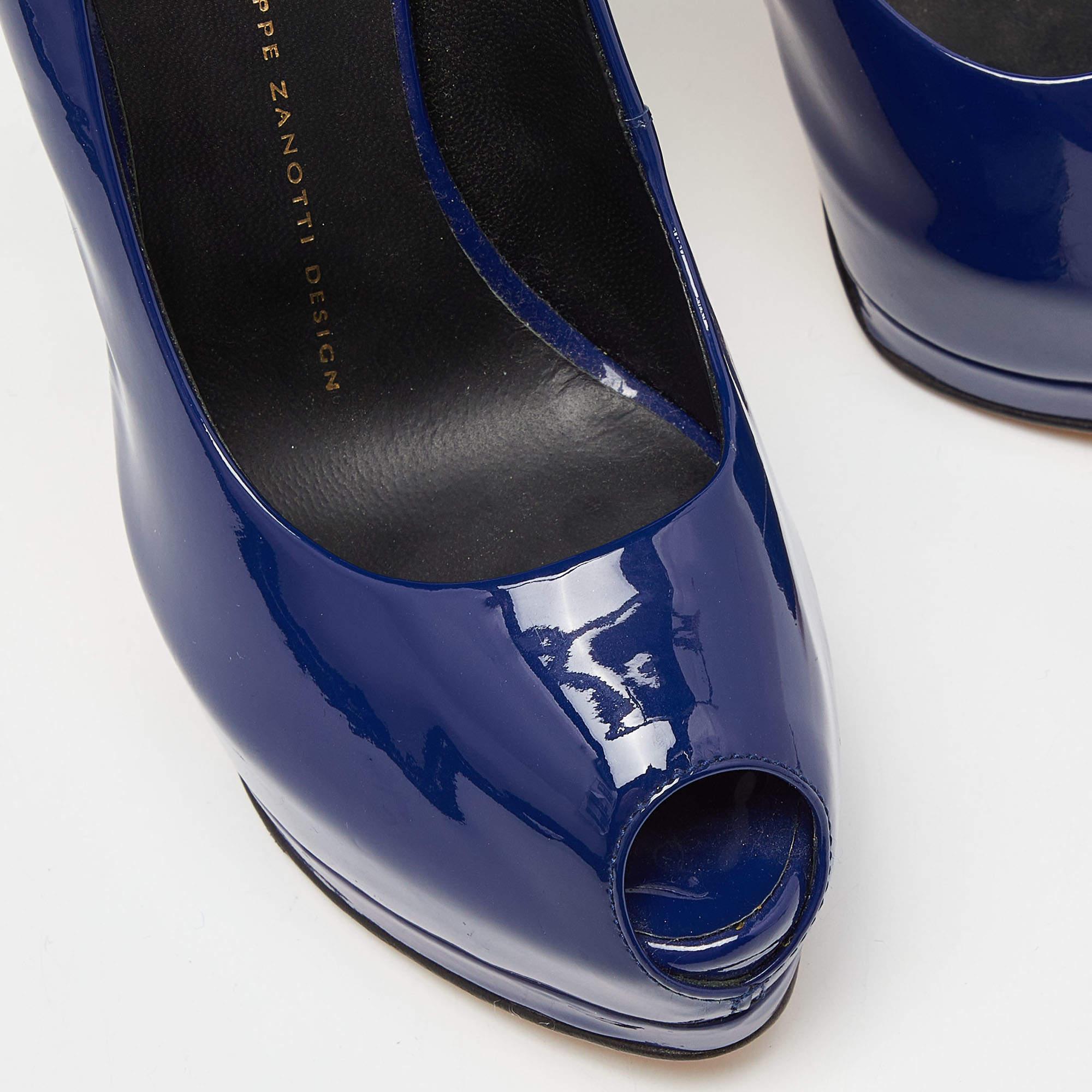 Women's Giuseppe Zanotti Blue Patent Leather Peep Toe Platform Pumps Size 37.5 For Sale