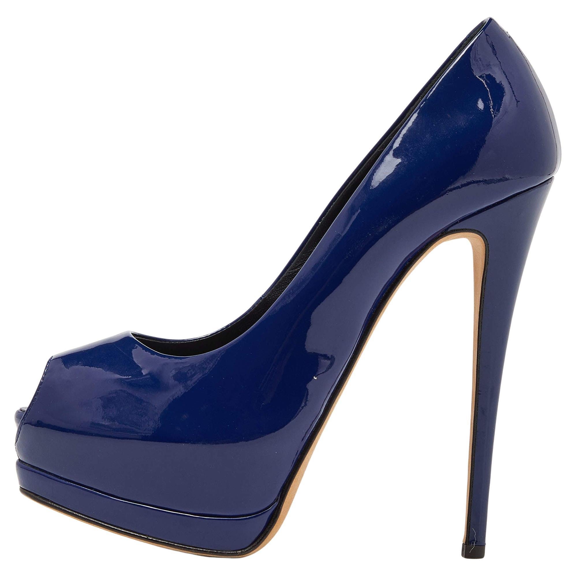 Giuseppe Zanotti Blue Patent Leather Peep Toe Platform Pumps Size 37.5 For Sale