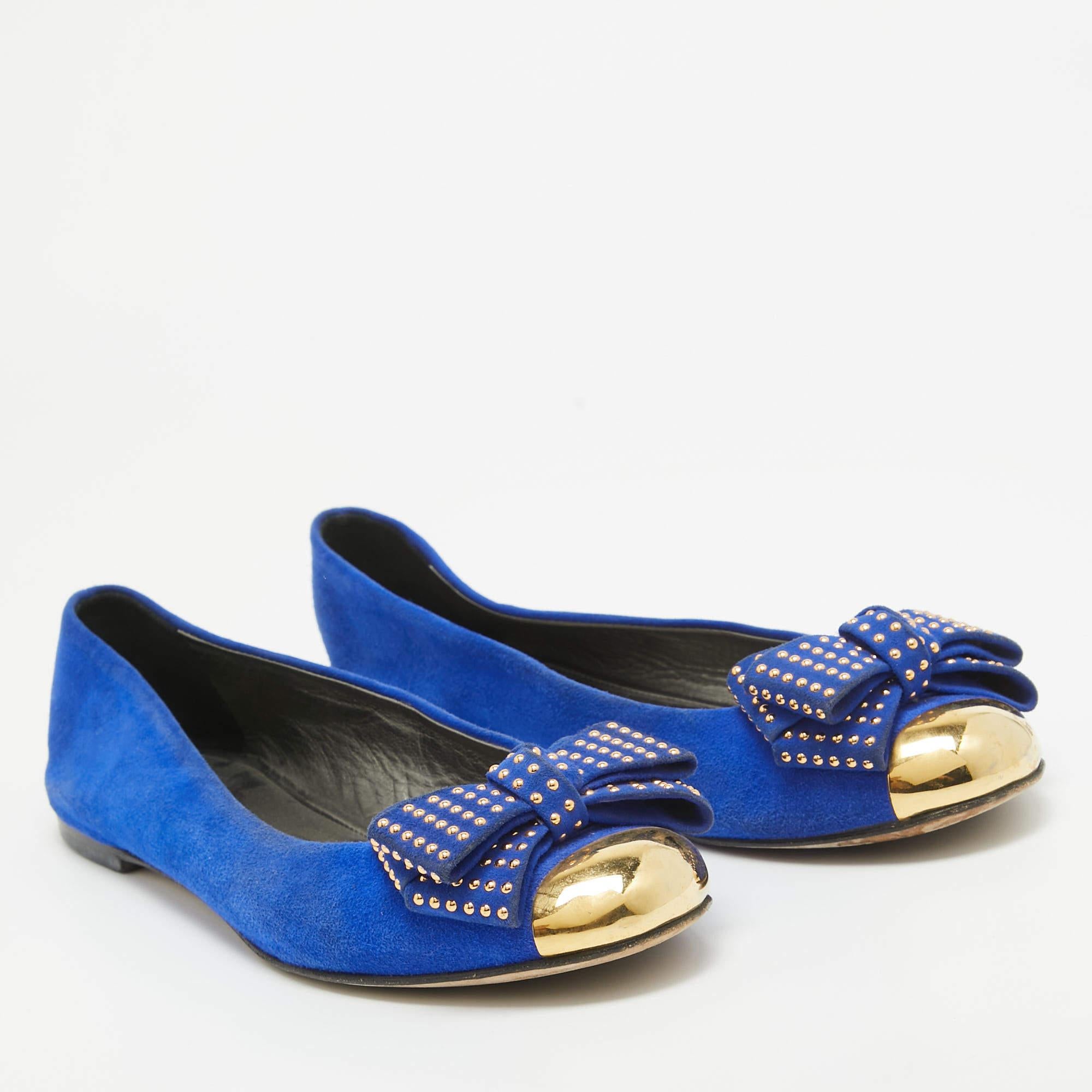 Women's Giuseppe Zanotti Blue Suede and Gold Cap Toe Studded Bow Ballet Flats Size 38.5 For Sale