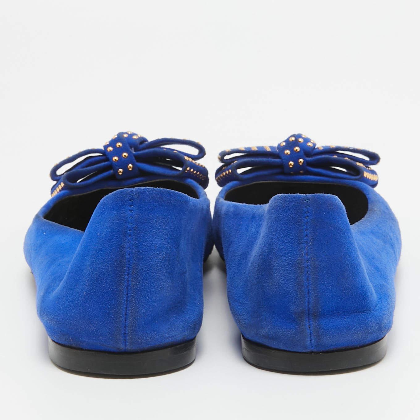 Giuseppe Zanotti Blue Suede and Gold Cap Toe Studded Bow Ballet Flats Size 38.5 For Sale 1