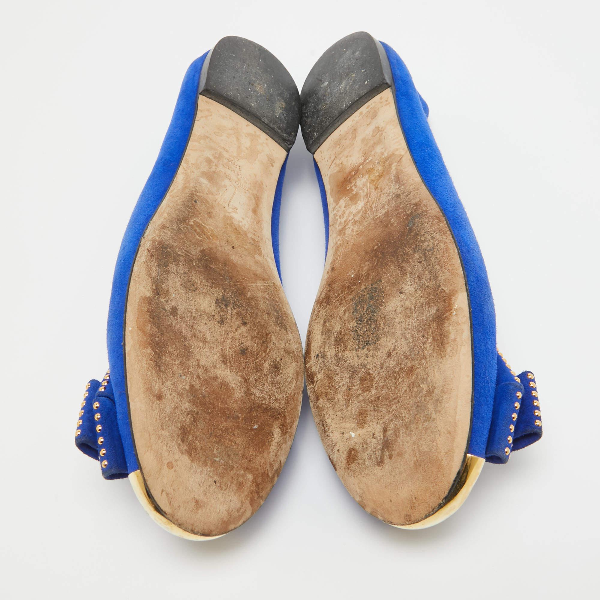 Giuseppe Zanotti Blue Suede and Gold Cap Toe Studded Bow Ballet Flats Size 38.5 For Sale 2