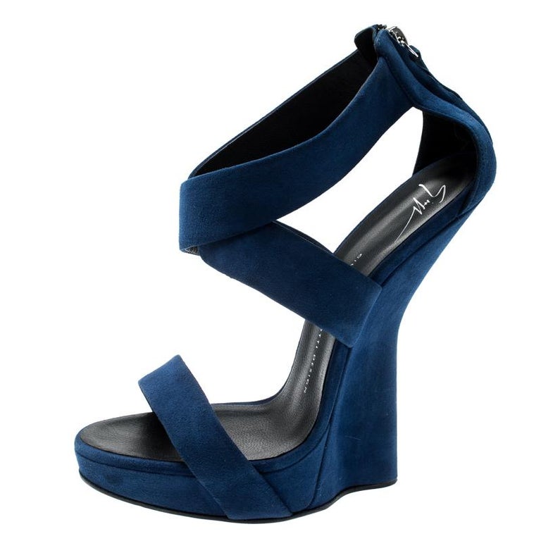 Giuseppe Zanotti Blue Suede Cross Strap Heelless Platform Sandals Size 40.5 For Sale at 1stDibs