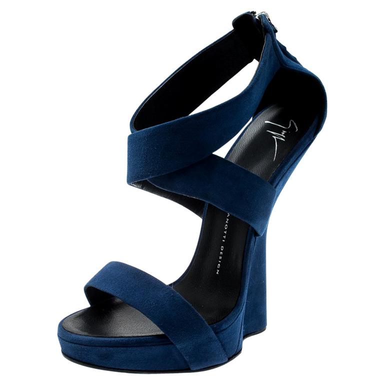 Giuseppe Zanotti Blue Suede Cross Strap Platform Sandals Size 40.5 1stDibs