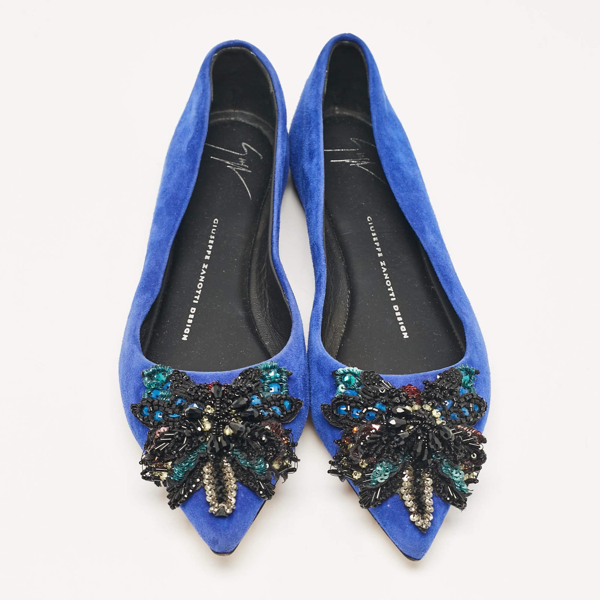 Bleu Giuseppe Zanotti - Ballerines en daim bleu ornées de cristaux, taille 36