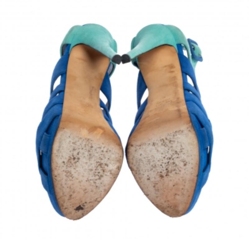 Giuseppe Zanotti Blue Suede Cutout Caged Slingback Sandals Size 40 In Fair Condition For Sale In Dubai, Al Qouz 2