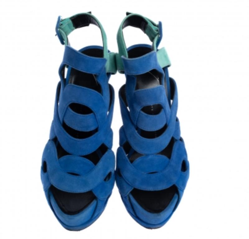 Giuseppe Zanotti Blue Suede Cutout Caged Slingback Sandals Size 40 For Sale 1