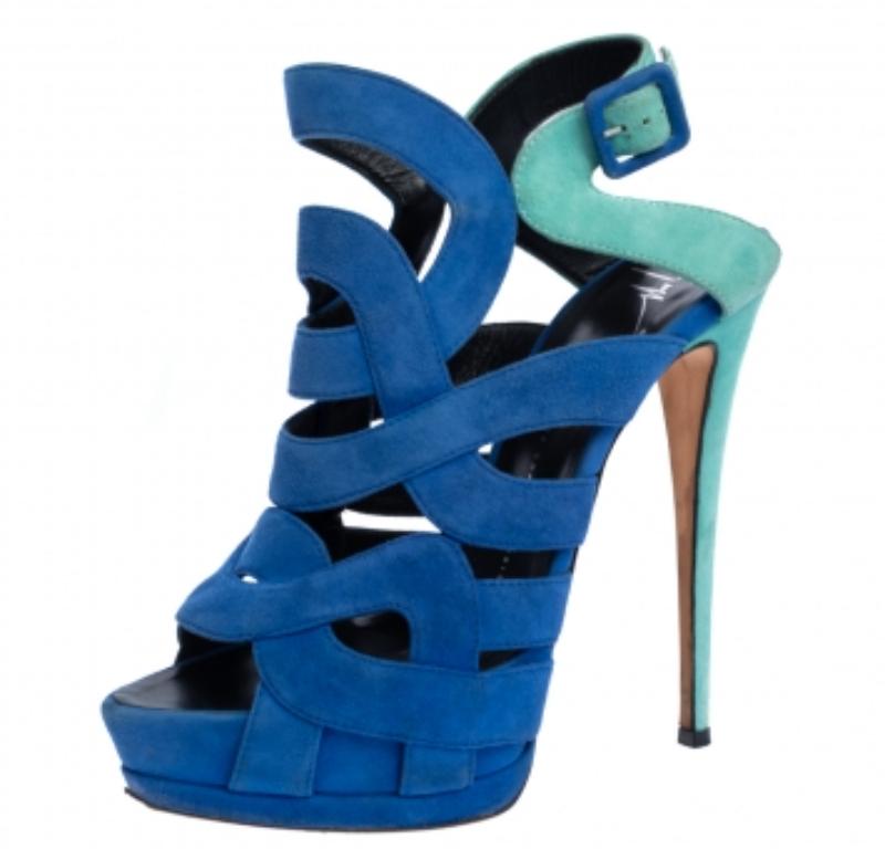 Giuseppe Zanotti Blue Suede Cutout Caged Slingback Sandals Size 40 For Sale 2