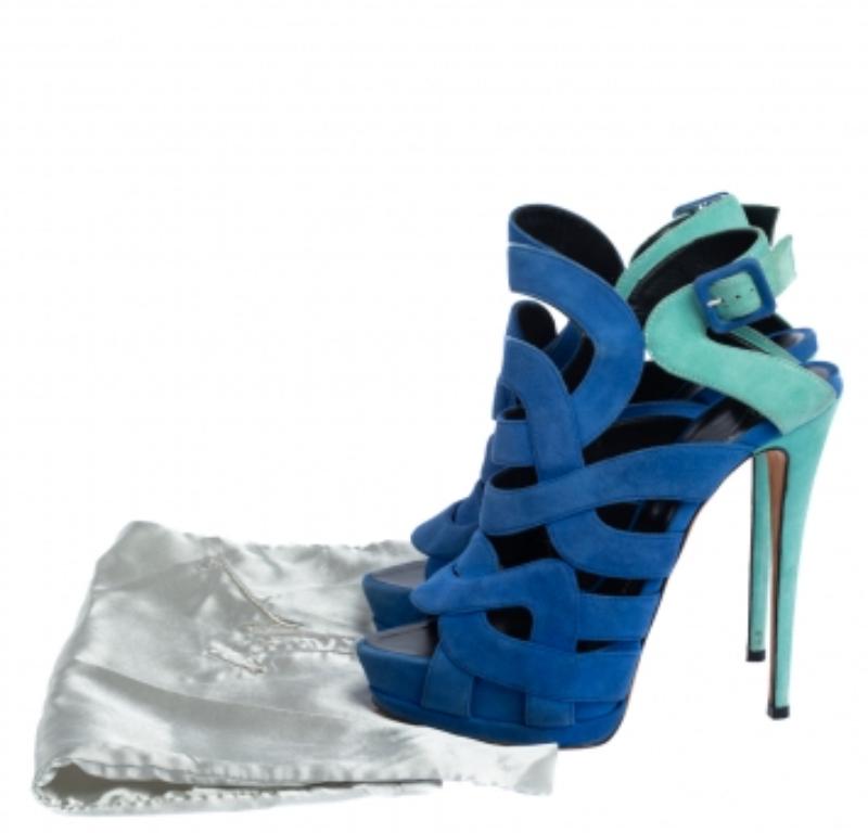 Giuseppe Zanotti Blue Suede Cutout Caged Slingback Sandals Size 40 For Sale 3
