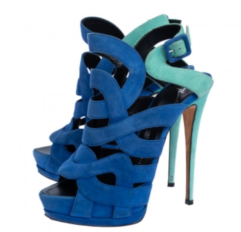 Giuseppe Zanotti Blue Suede Cutout Caged Slingback Sandals Size 40 For Sale 4