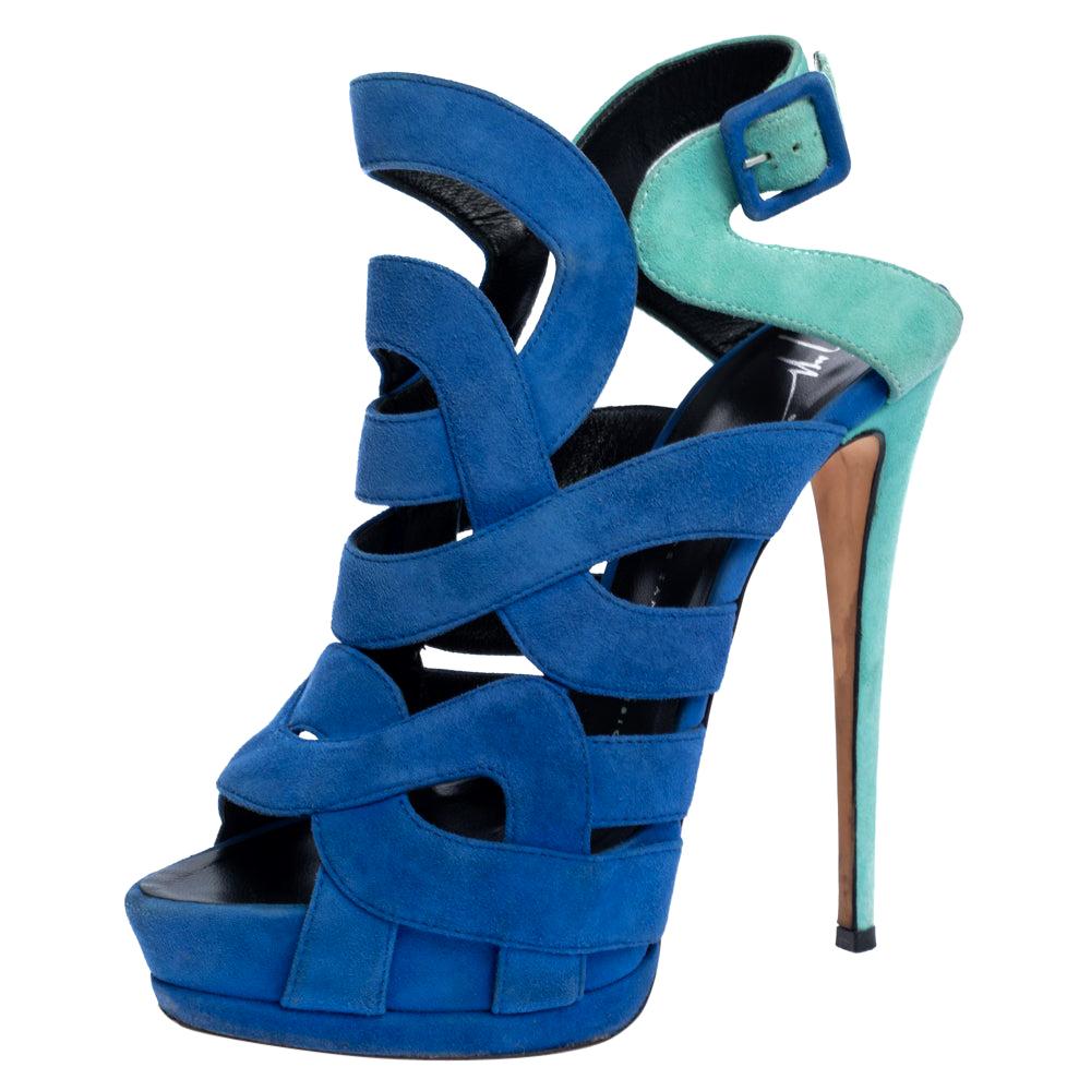 Giuseppe Zanotti Blue Suede Cutout Caged Slingback Sandals Size 40 For Sale
