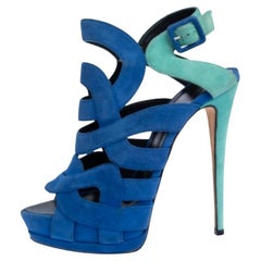 Giuseppe Zanotti Blue Suede Cutout Caged Slingback Sandals Size 40