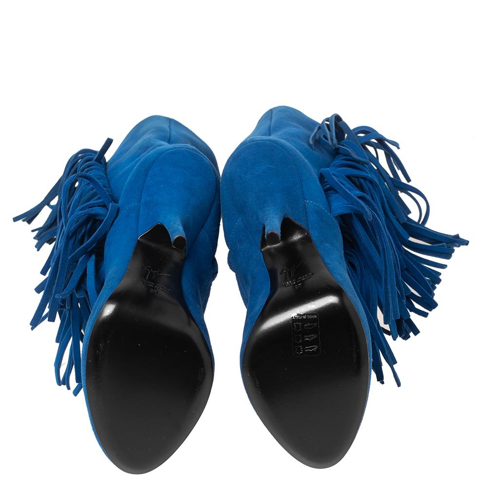 Women's Giuseppe Zanotti Blue Suede Fringe Detail Mid Calf Boots Size 37 For Sale