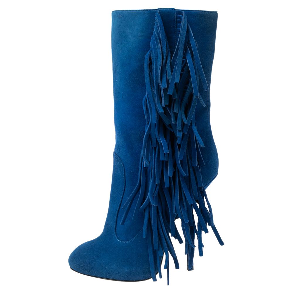 Giuseppe Zanotti Blue Suede Fringe Detail Mid Calf Boots Size 37 For Sale 1