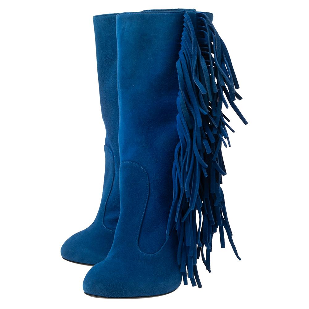 Giuseppe Zanotti Blue Suede Fringe Detail Mid Calf Boots Size 37 For Sale 4