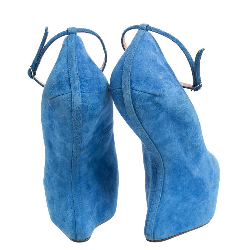 Women's Giuseppe Zanotti Blue Suede Heelless Peep Toe Platform Pumps Size 40