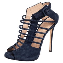 Giuseppe Zanotti Blue Suede Laser Cut Peep Toe Ankle Strap Sandals Size 37.5