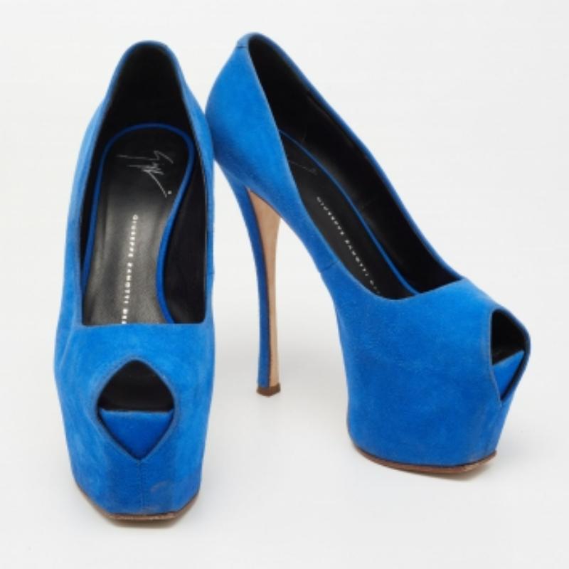 Women's Giuseppe Zanotti Blue Suede  Sharon Peep Toe Platform Pumps Size 36.5 For Sale