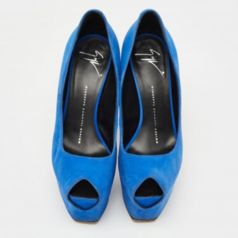 Giuseppe Zanotti Blue Suede  Sharon Peep Toe Platform Pumps Size 36.5 For Sale 1