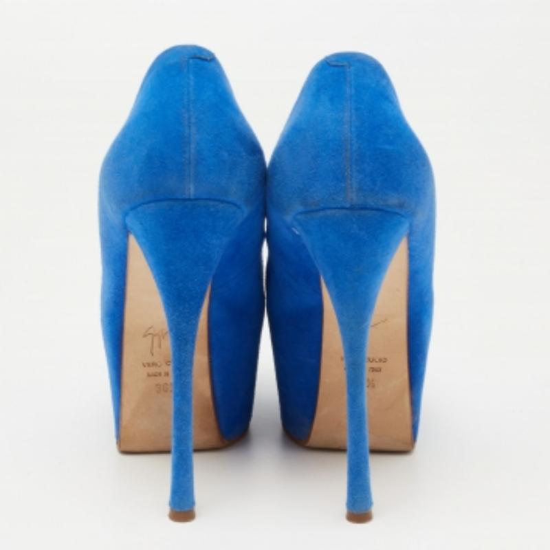 Giuseppe Zanotti Blue Suede  Sharon Peep Toe Platform Pumps Size 36.5 For Sale 2