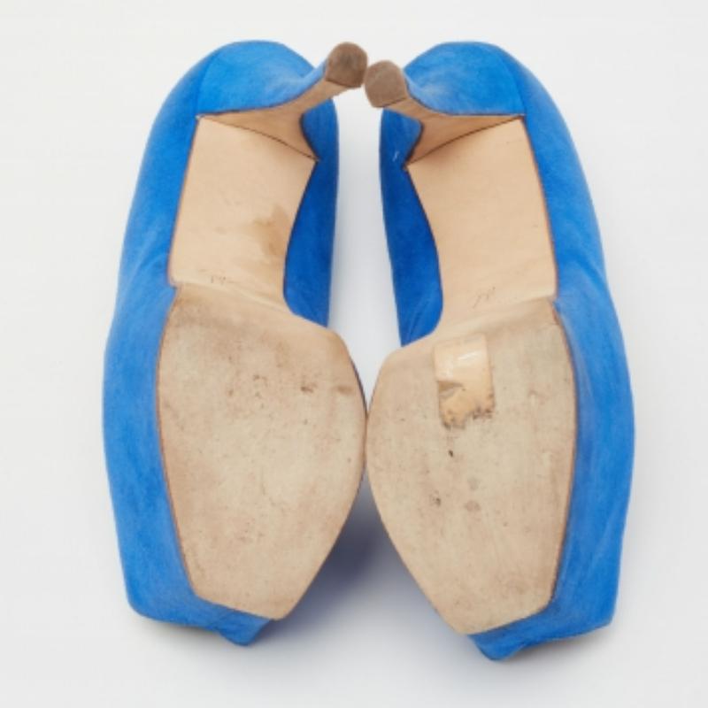 Giuseppe Zanotti Blue Suede  Sharon Peep Toe Platform Pumps Size 36.5 For Sale 3