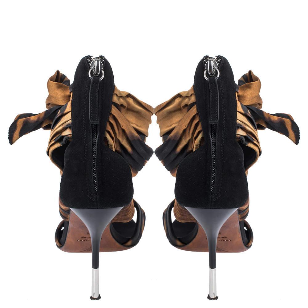 Giuseppe Zanotti Brown/Black Fabric And Leather Bow Ankle Cuff Sandals Size 38 1
