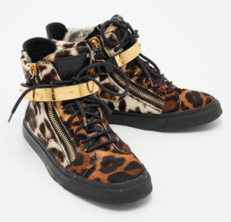 Giuseppe Zanotti Zapatillas altas de cordones con estampado de leopardo marrón/negro 37 en venta 1