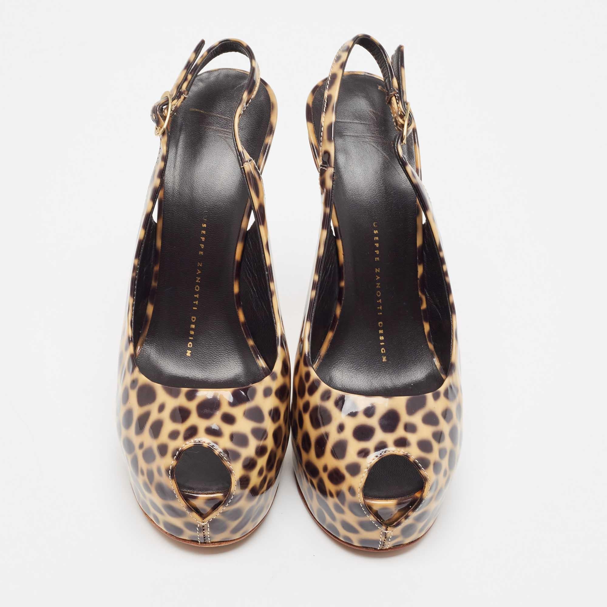 Giuseppe Zanotti Brown/Black Patent Leopard Print Slingback Pumps Size 37 In Good Condition For Sale In Dubai, Al Qouz 2